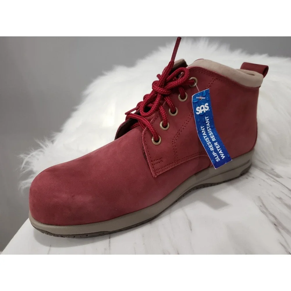 NEW NO BOX SAS Women 8.5 Gretchen Ankle Boots Red Leather Lace-Up Slip Resistant